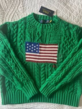 Polo by Ralph Lauren Green Cable Knit Sweater with American Flag Patch